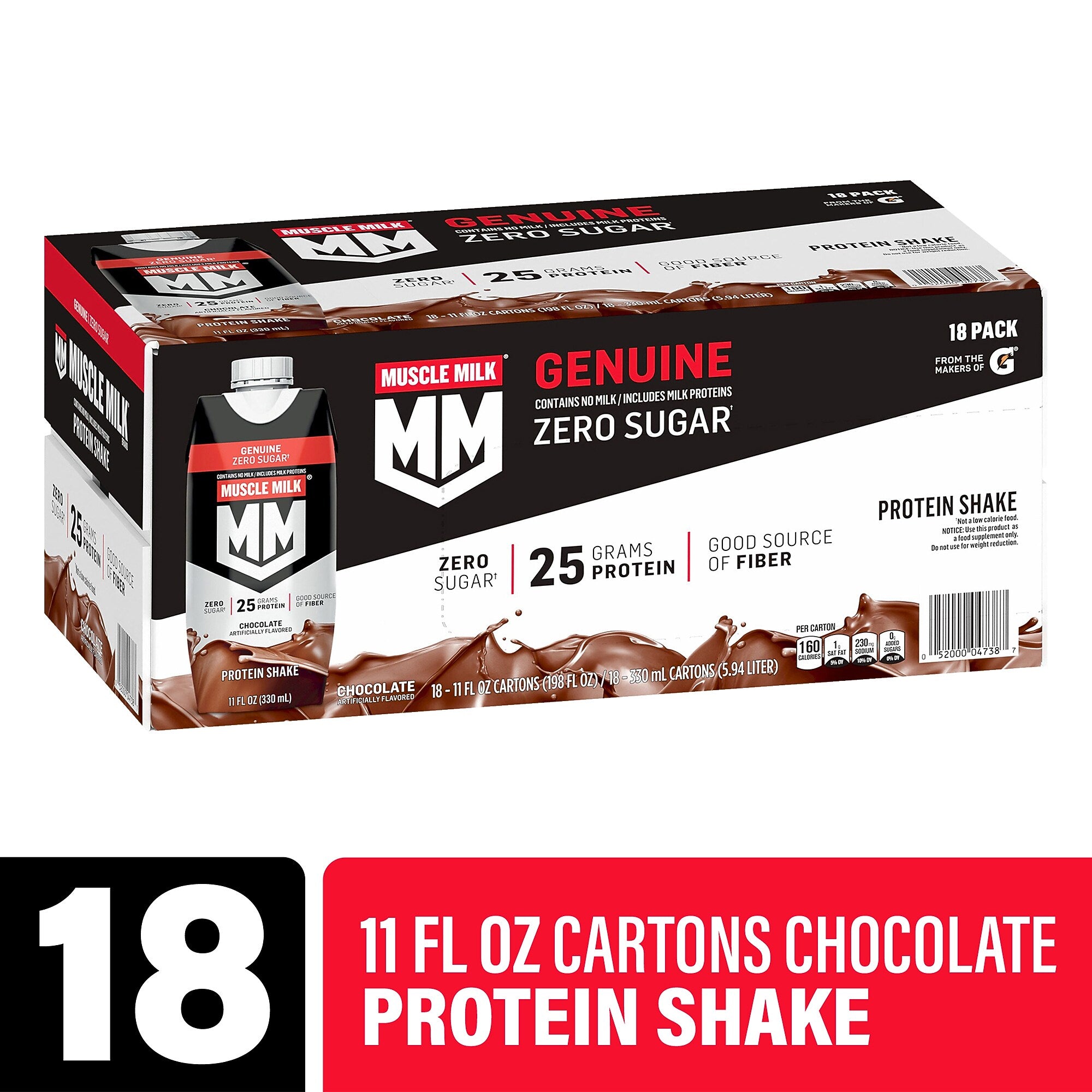 Muscle Milk Genuine Chocolate Protein Shake, 11 oz, 18/Pack (220-02378)