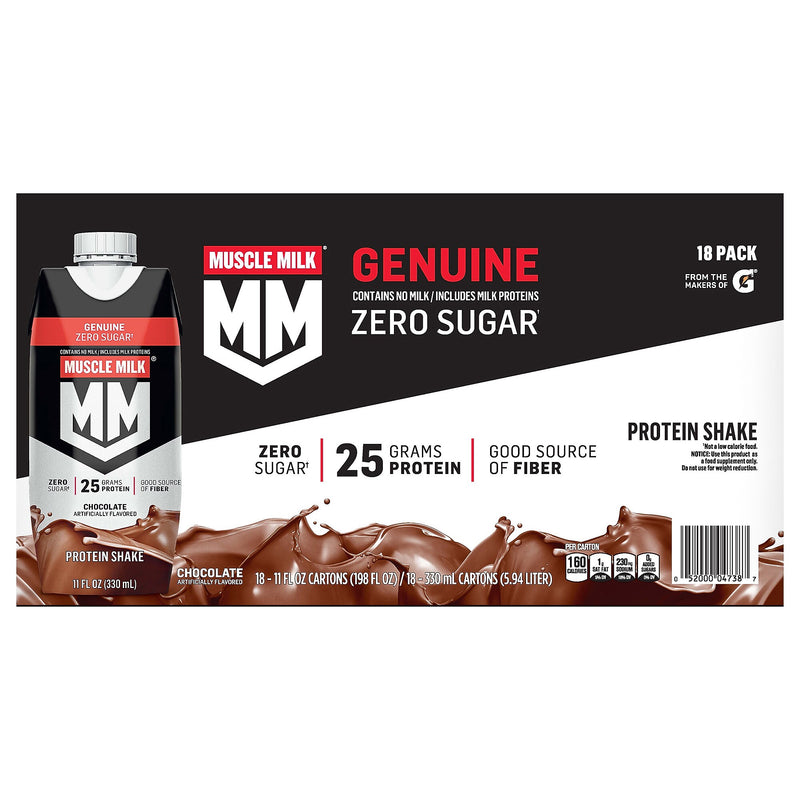 Muscle Milk Genuine Chocolate Protein Shake, 11 oz, 18/Pack (220-02378)