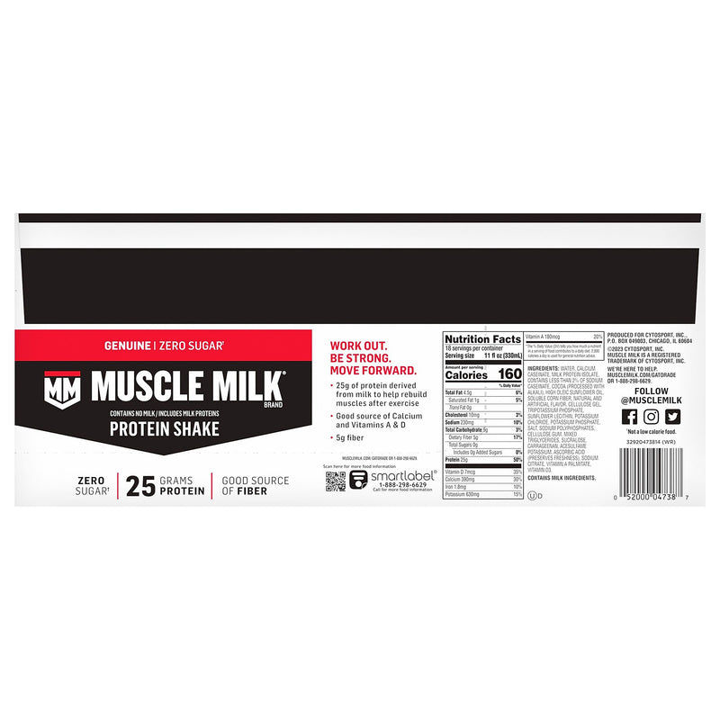 Muscle Milk Genuine Chocolate Protein Shake, 11 oz, 18/Pack (220-02378)