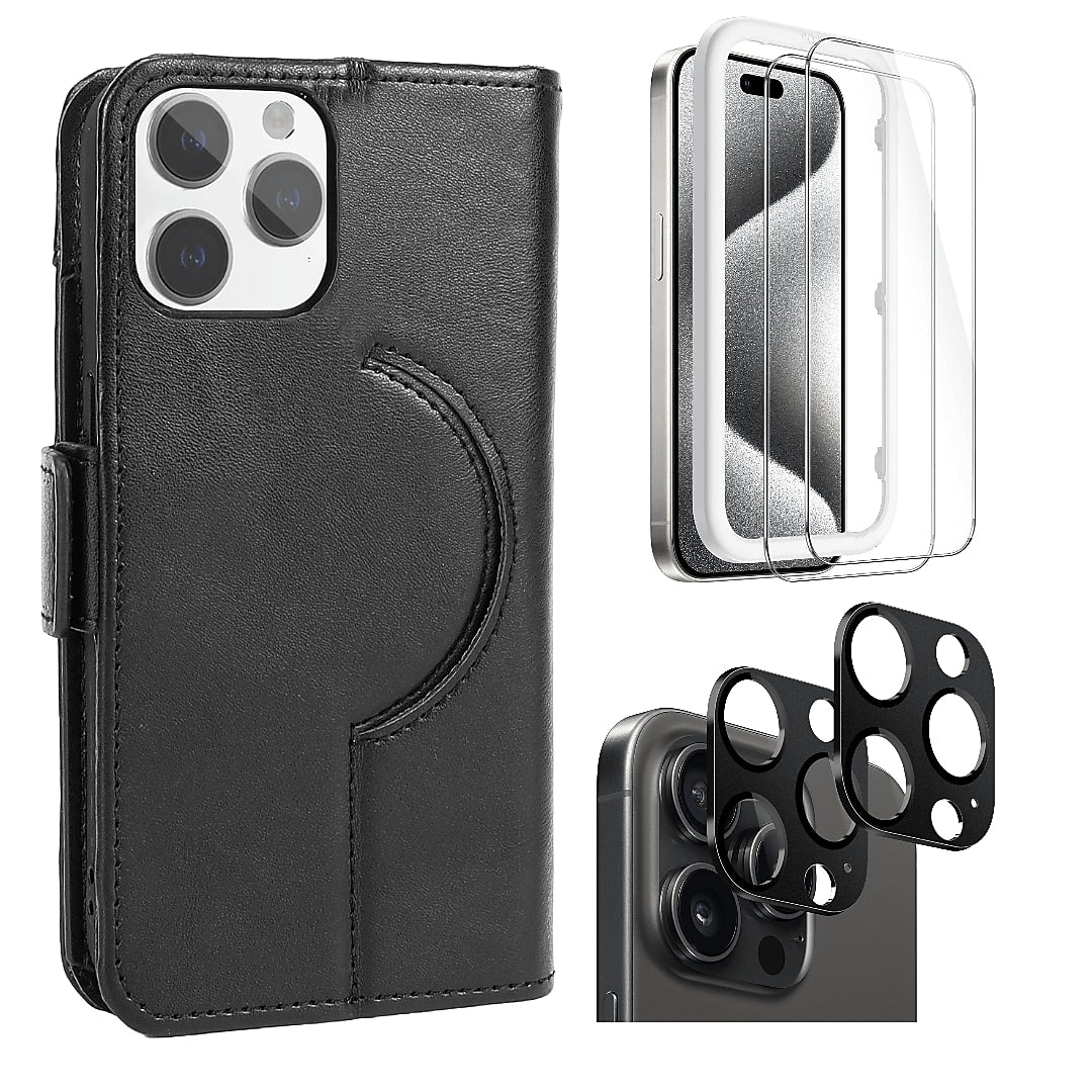 SaharaCase Genuine Leather Wallet Case, Tempered Glass Screen, Camera Protector for iPhone 15 Pro Max, Black (CP480ZD128ZD131)
