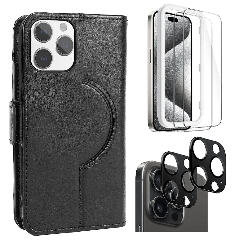 SaharaCase Genuine Leather Wallet Case, Tempered Glass Screen, Camera Protector for iPhone 15 Pro Max, Black (CP480ZD128ZD131)