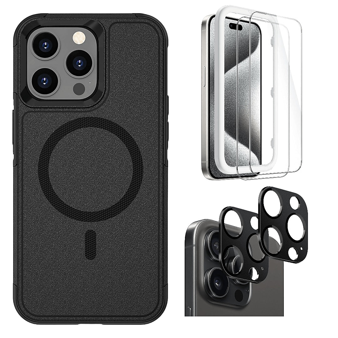 SaharaCase Armor Series Hard Shell Case, Tempered Glass Screen, Camera Protector for iPhone 15 Pro Max, Black (CP482ZD128ZD131)