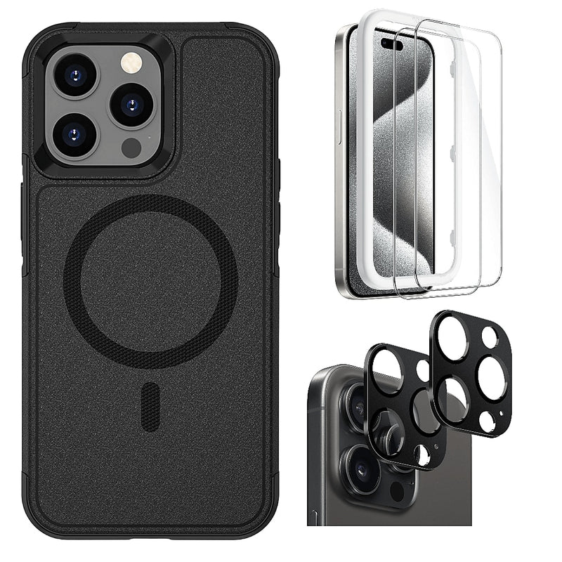 SaharaCase Armor Series Hard Shell Case, Tempered Glass Screen, Camera Protector for iPhone 15 Pro Max, Black (CP482ZD128ZD131)
