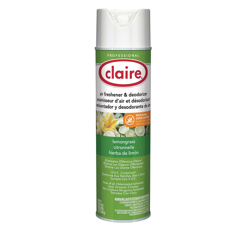Claire Air Freshener & Deodorizer Aerosol, Lemongrass Citronella Scent, 12 oz, 12/Carton (CL1307)