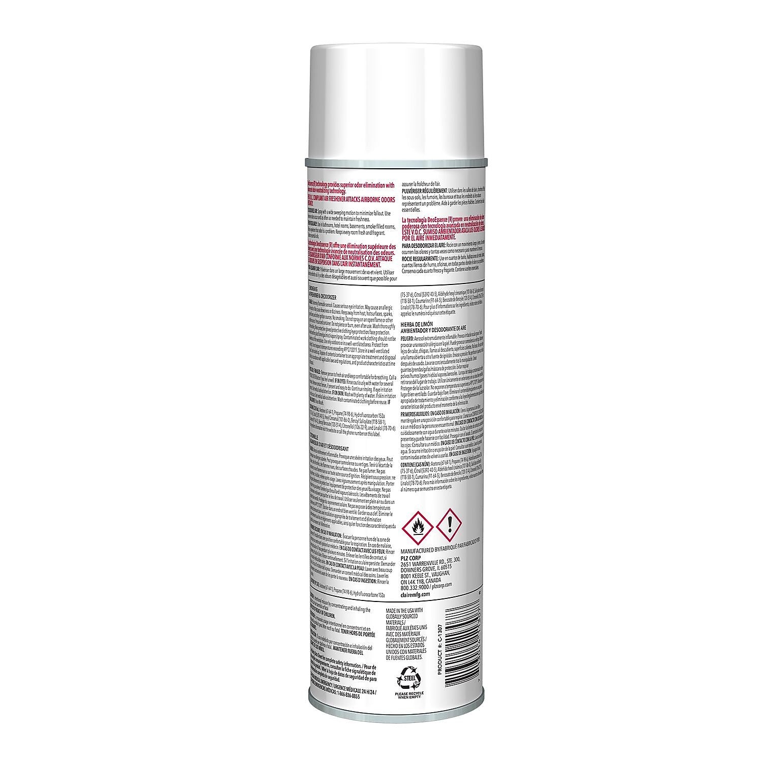 Claire Air Freshener & Deodorizer Aerosol, Lemongrass Citronella Scent, 12 oz, 12/Carton (CL1307)