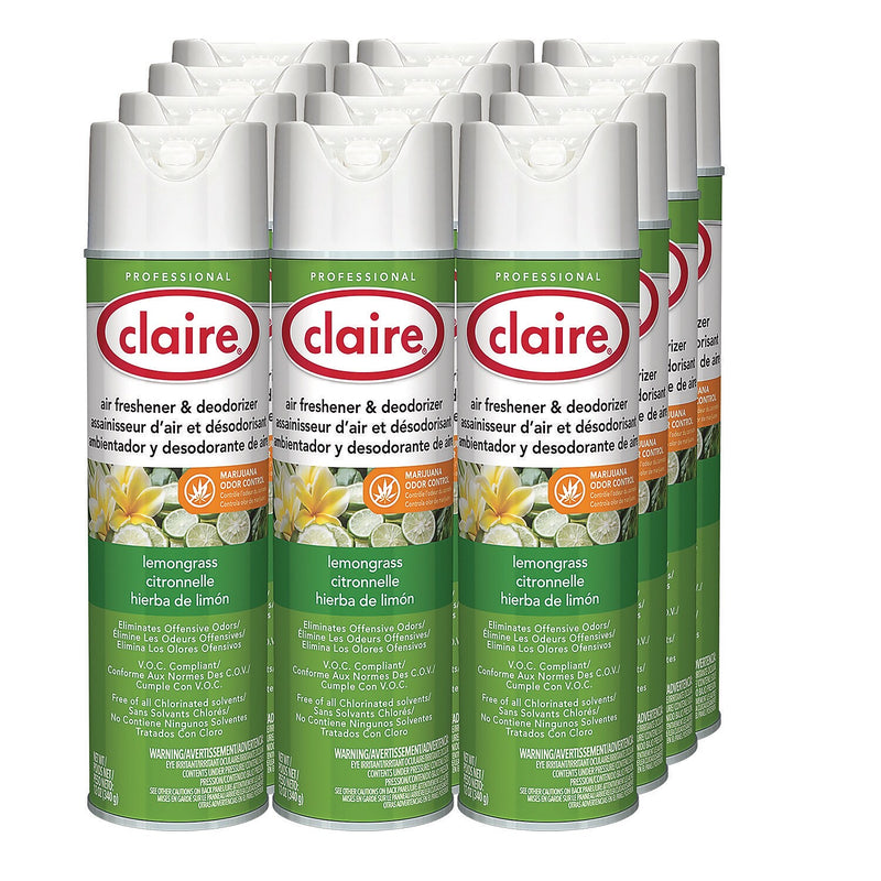 Claire Air Freshener & Deodorizer Aerosol, Lemongrass Citronella Scent, 12 oz, 12/Carton (CL1307)