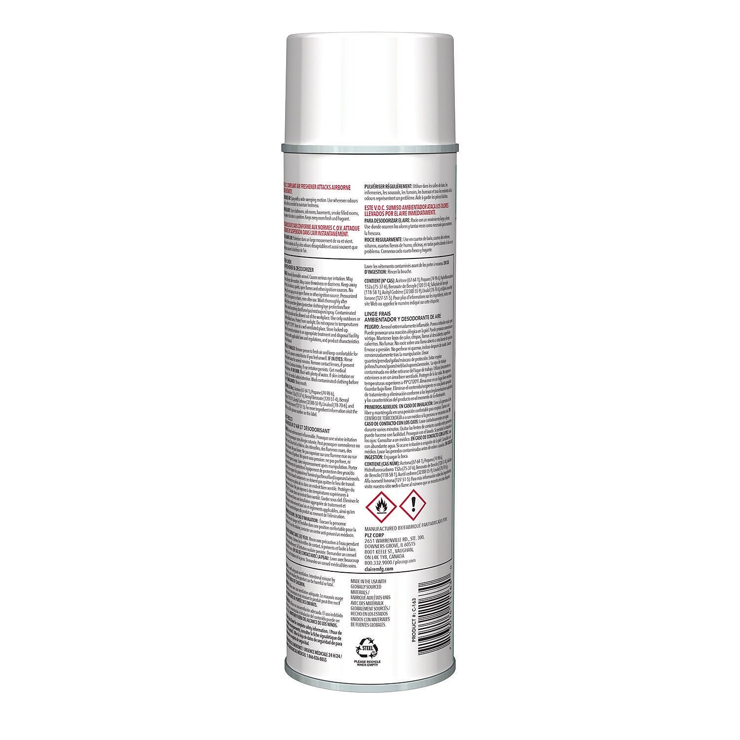 Claire Air Freshener & Deodorizer Aerosol, Fresh Linen Scent, 10 oz, 12/Carton (CL163)