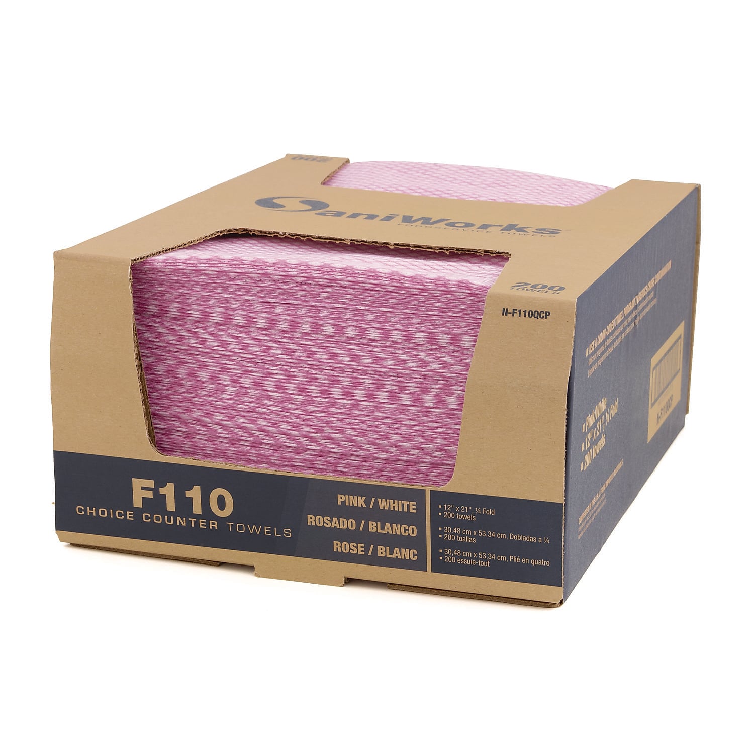 SaniWorks Choice Counter Poly Food Service Wipers, 12" x 21", Pink/White, 200 Sheets/Pack (N-F110QCP)