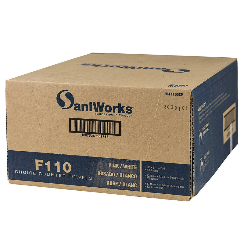 SaniWorks Choice Counter Poly Food Service Wipers, 12" x 21", Pink/White, 200 Sheets/Pack (N-F110QCP)
