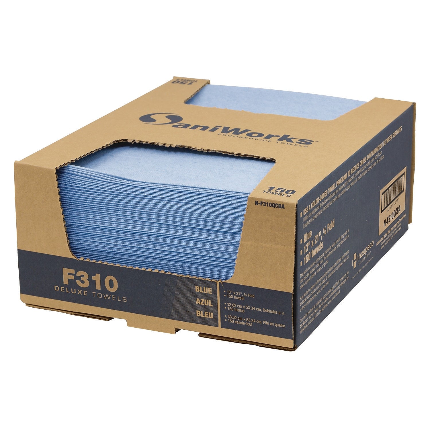 SaniWorks Poly Food Service Wipers, 13" x 21", Blue, 150 Sheets/Pack (N-F310QCBA)