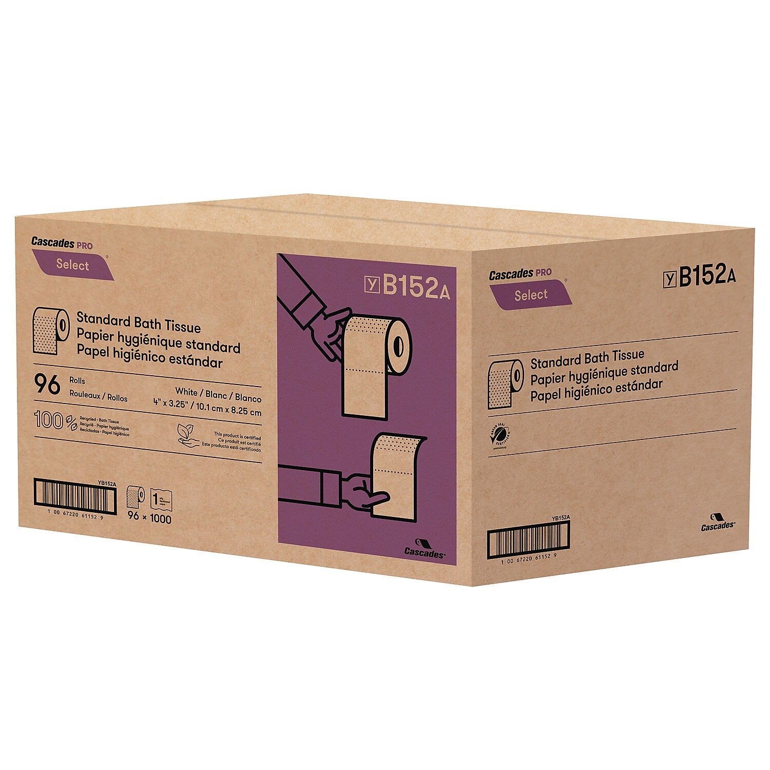 Cascades PRO Select Toilet Paper, 1-Ply, White, 1000 Sheets/Roll, 96 Rolls/Case (B152)