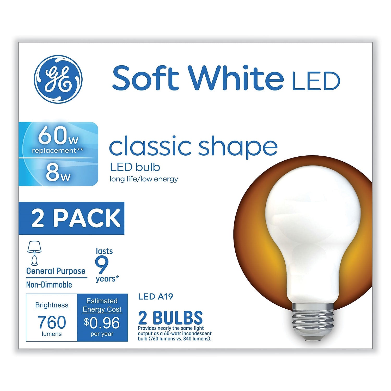 GE Classic 8 Watts Soft White LED Commercial Bulb, 2/Pack (93105686)
