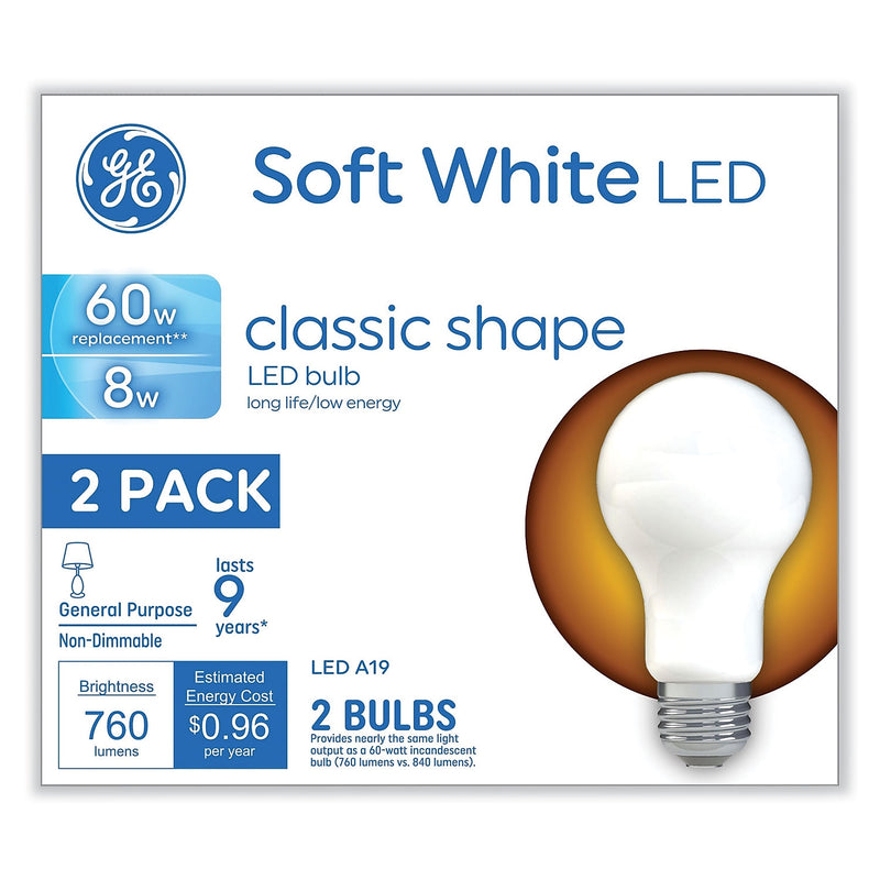 GE Classic 8 Watts Soft White LED Commercial Bulb, 2/Pack (93105686)