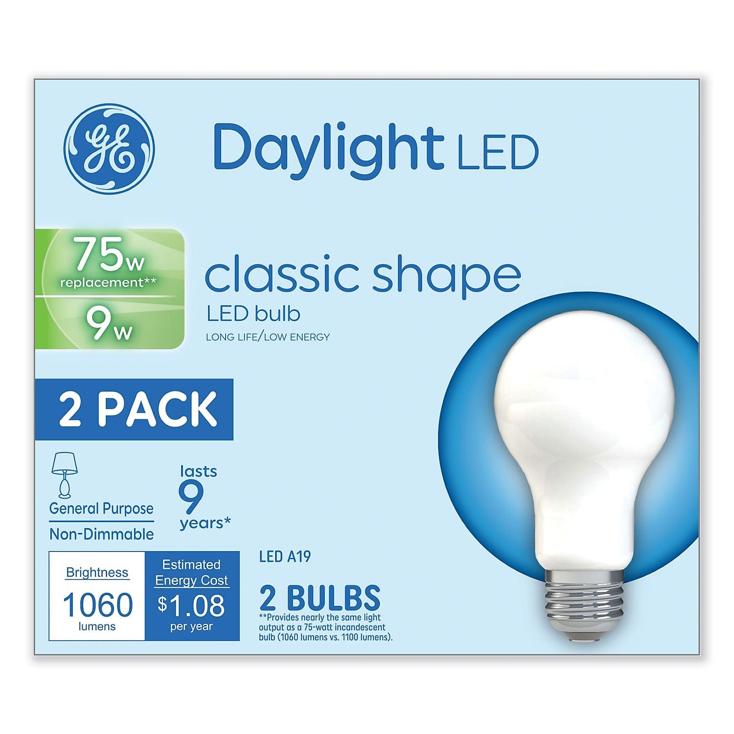 GE Classic 9 Watts Daylight LED Commercial Bulb, 2/Pack (93109035)