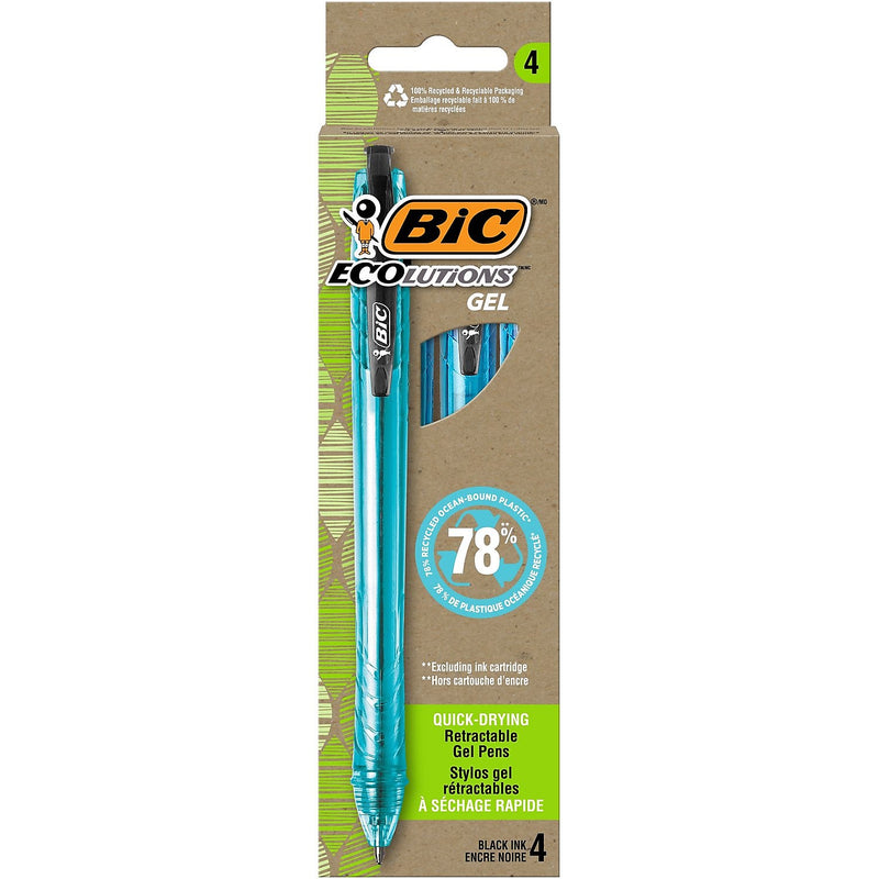 BIC Ecolutions Retractable Gel Pen, Medium Point, 1.0mm, Black Ink, 4/Pack (RGLE4 BLK)