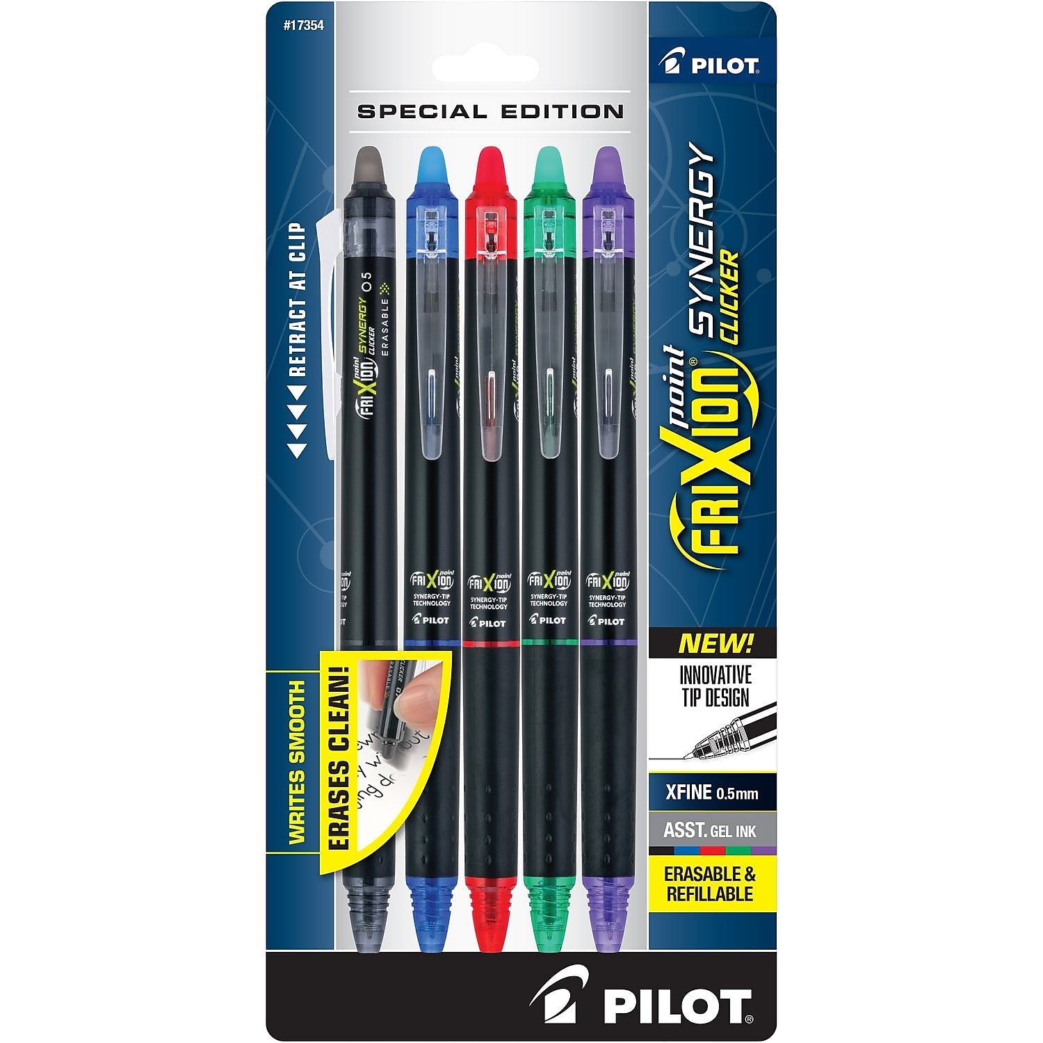 Pilot FriXion Synergy Clicker Erasable Gel Pen, Extra Fine Point, 0.5mm, Assorted Ink, 5/Pack (17354)