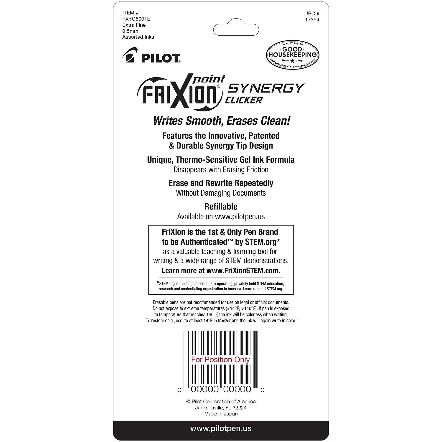 Pilot FriXion Synergy Clicker Erasable Gel Pen, Extra Fine Point, 0.5mm, Assorted Ink, 5/Pack (17354)
