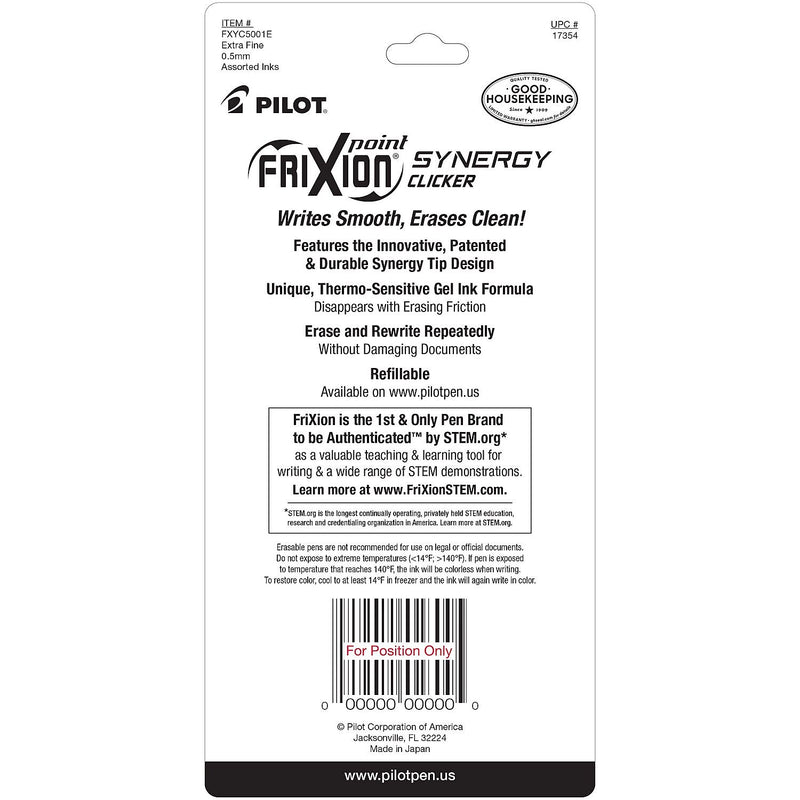 Pilot FriXion Synergy Clicker Erasable Gel Pen, Extra Fine Point, 0.5mm, Assorted Ink, 5/Pack (17354)