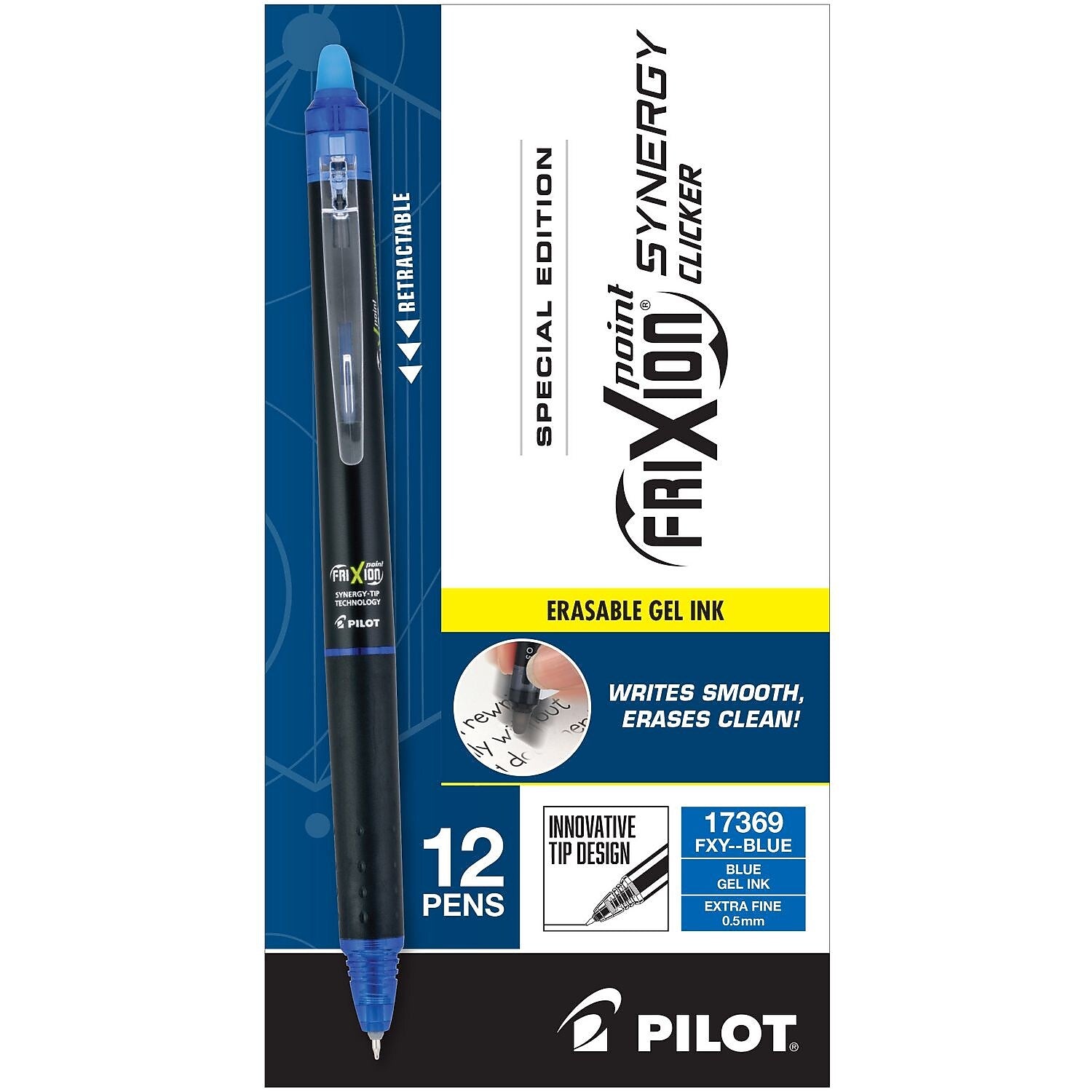 Pilot FriXion Synergy Clicker Erasable Gel Pen, Extra Fine Point, 0.5mm, Blue Ink, Dozen (17369)
