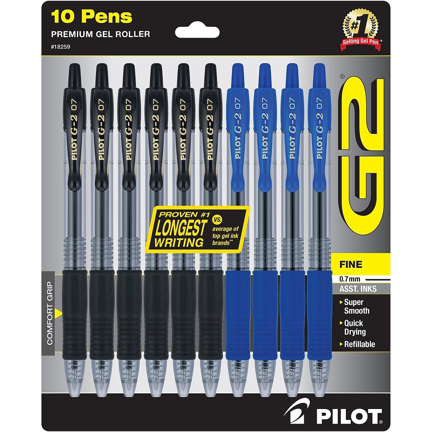 Pilot G2 Premium Retractable Gel Pen, Fine Point, 0.7mm, Assorted Ink, 10/Pack (18259)