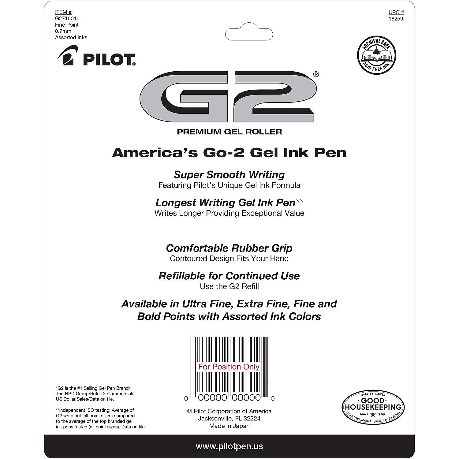 Pilot G2 Premium Retractable Gel Pen, Fine Point, 0.7mm, Assorted Ink, 10/Pack (18259)