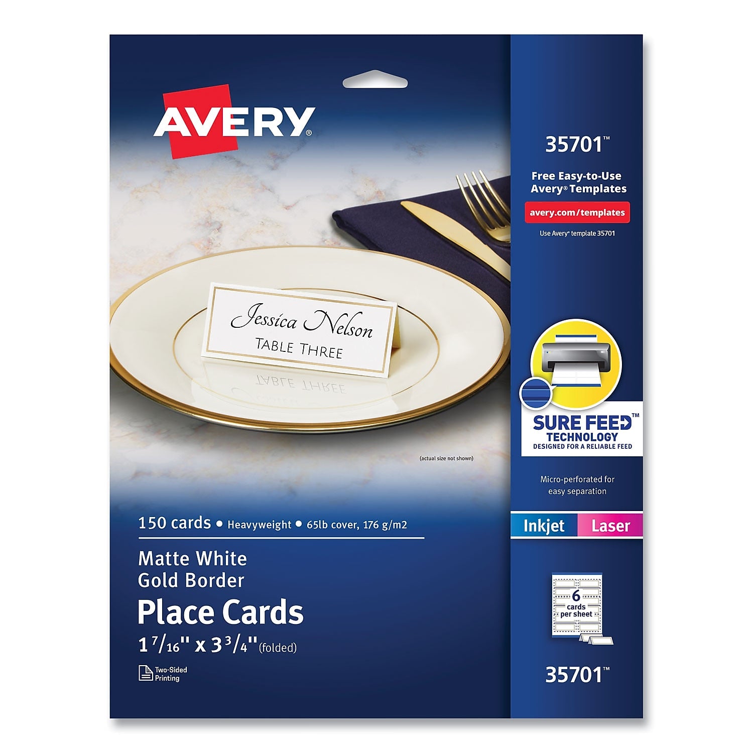 Avery 3.75" x 1.44" White/Gold Matte Table Tent, 150 Cards/Pack (35701)