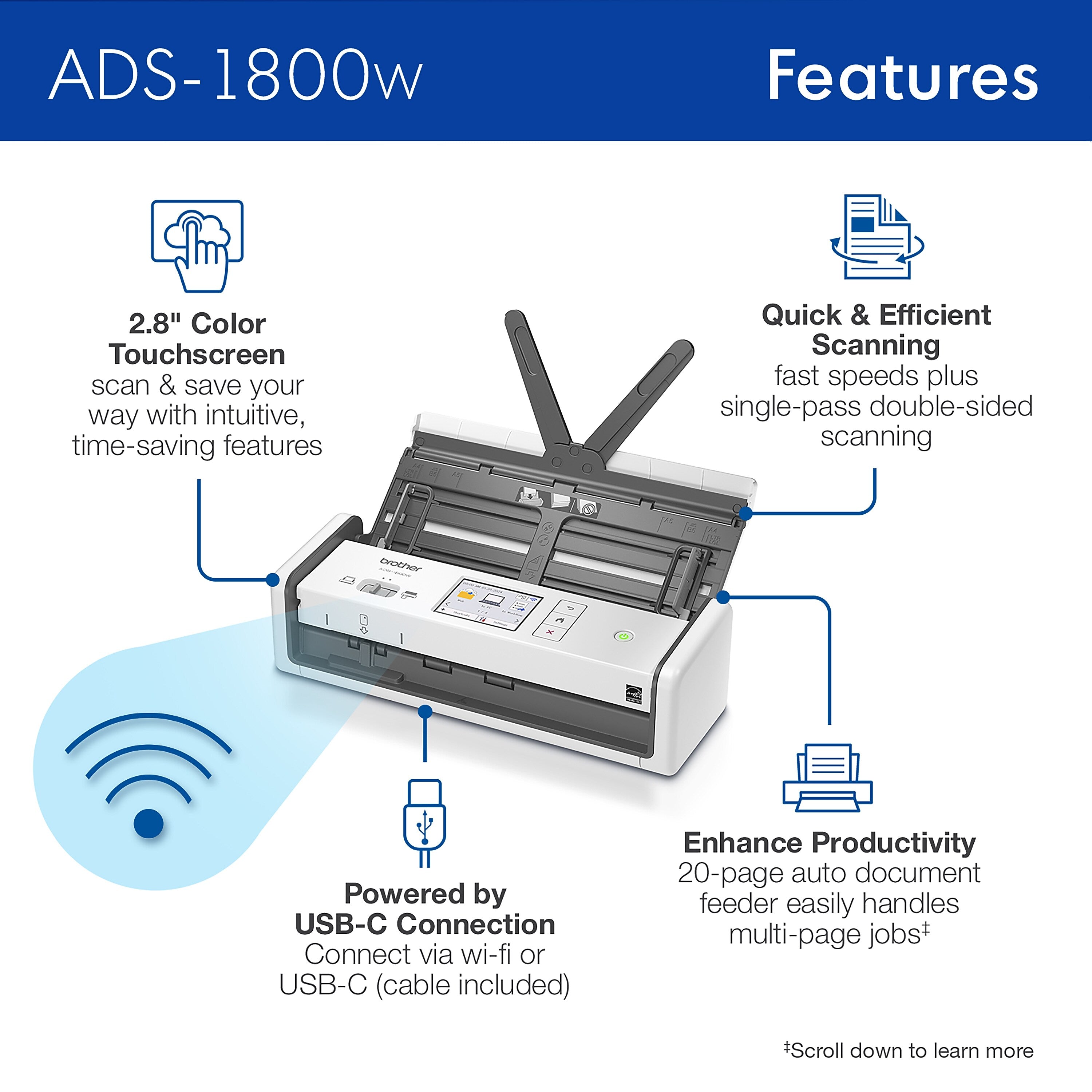 Brother ADS-1800W Wireless Compact Desktop Document Scanner