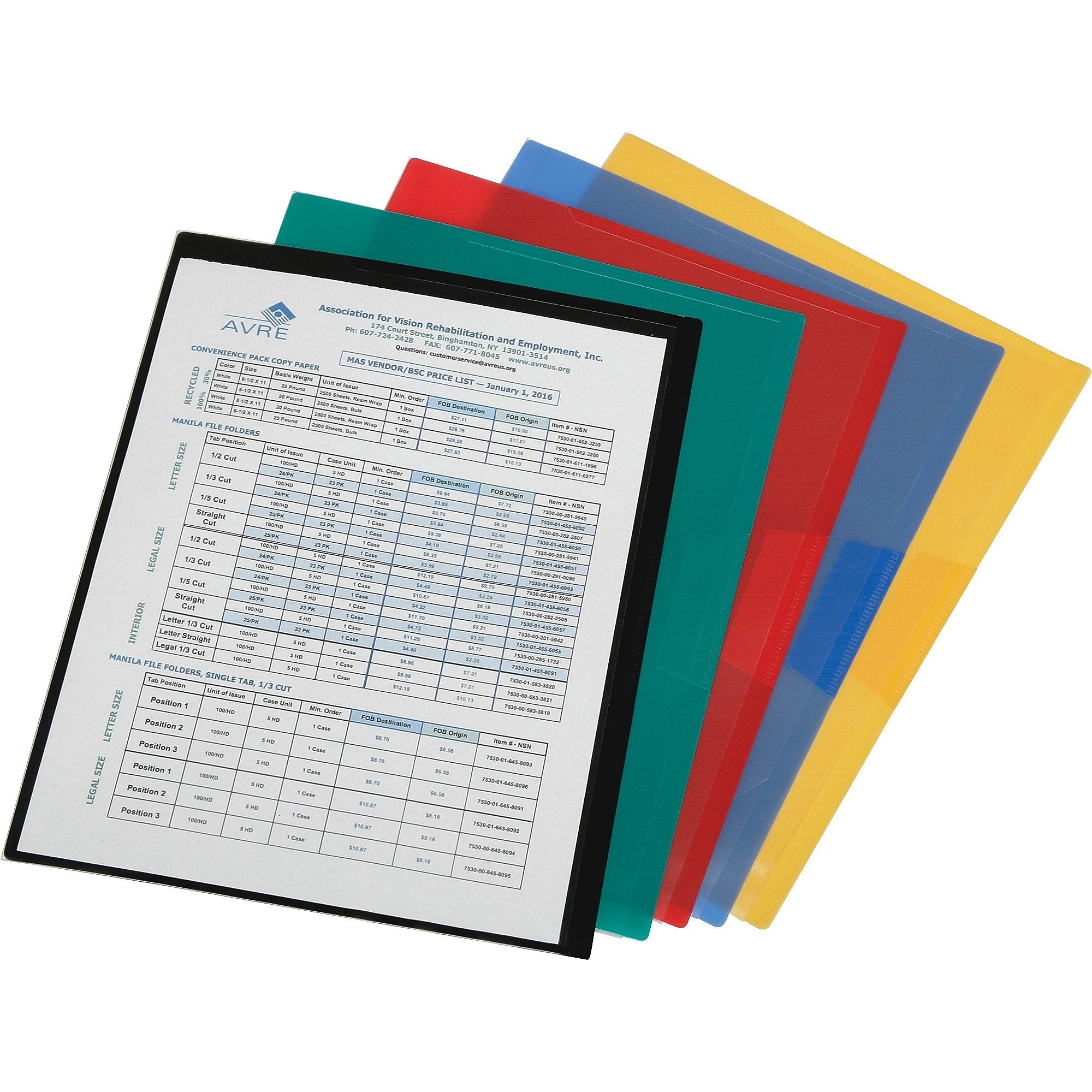 AbilityOne SKILCRAFT Clear Cover Project File Jackets, Letter, Polypropylene, Yellow, Blue, Green, Black, Red, 5/Pack