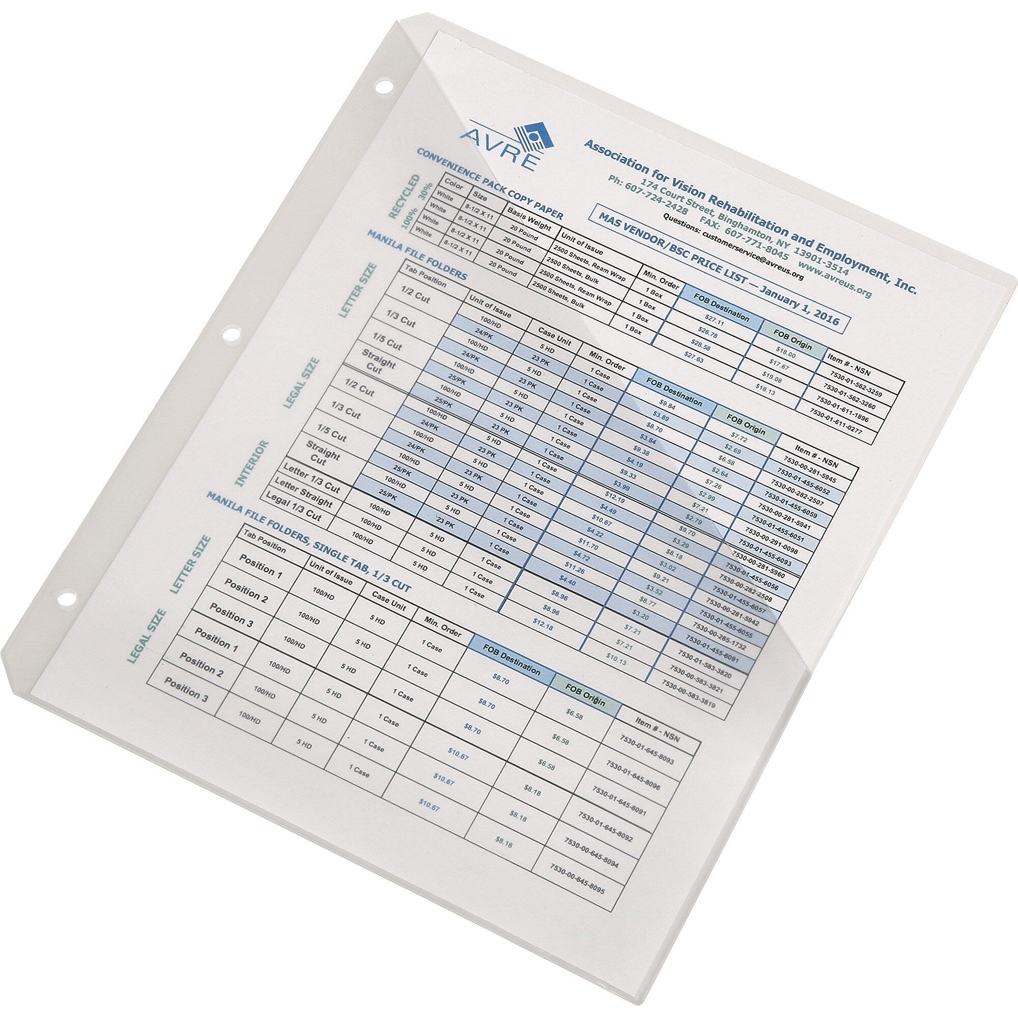 AbilityOne SKILCRAFT 3-ring Slash Pocket Clear File Jackets, Letter, 8 1/2" x 11" Sheet Size, Polypropylene, Clear, 5/Pack