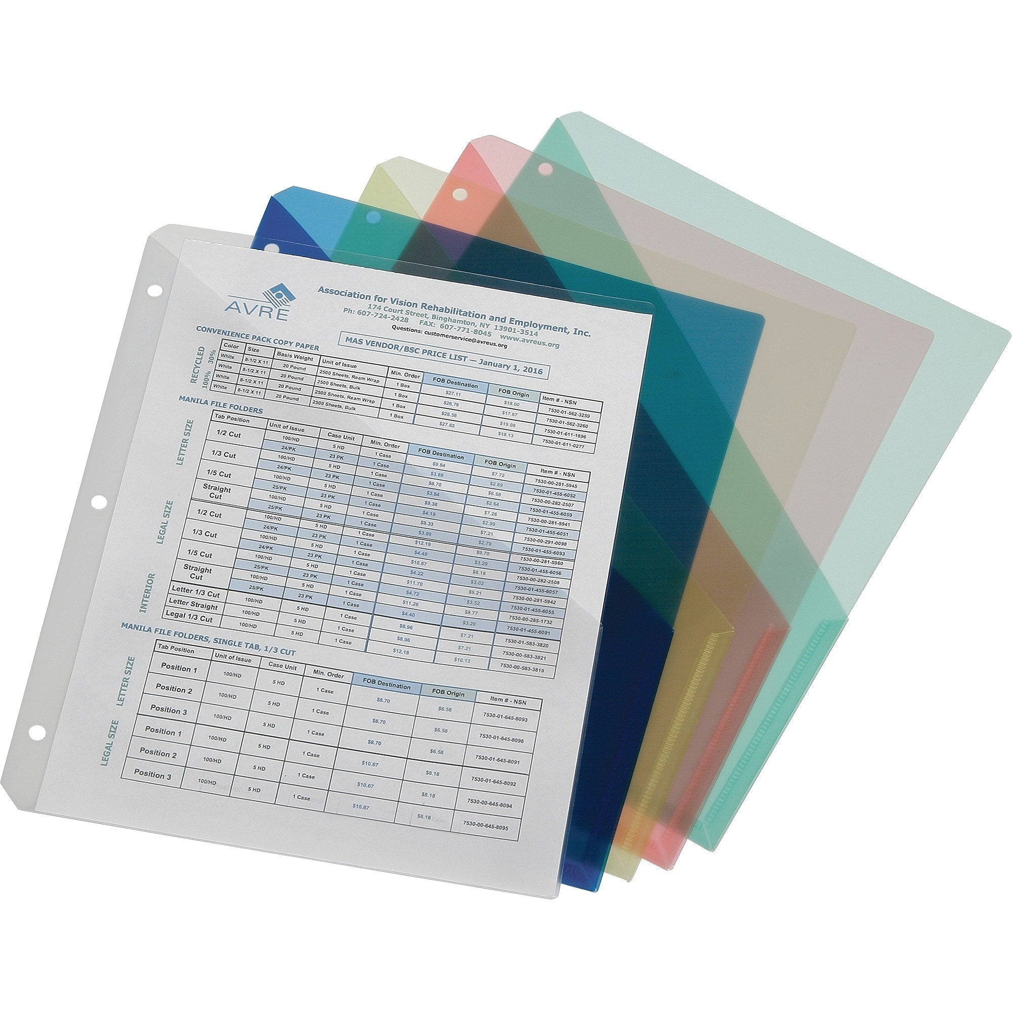 AbilityOne SKILCRAFT 3-ring Slash Pocket Asst. File Jackets, Letter, 8 1/2" x 11" Sheet Size, 5/Pack