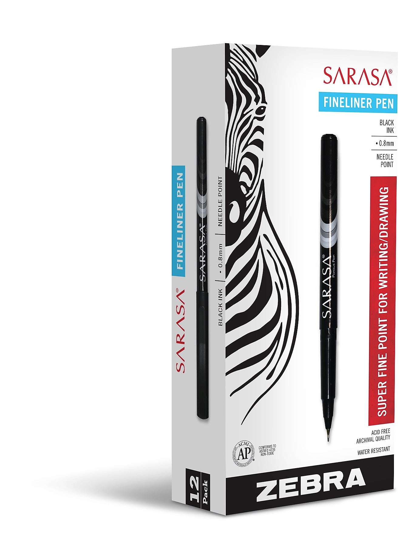 Zebra Pen Sarasa Fineliner Pens, Medium Point (0.8mm), Black, Dozen (ZEB 66110)