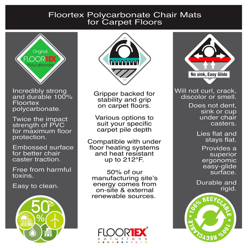 Floortex Ultimat Cleartex Carpet Chair Mat with Lip, 48" x 53", Designed for Medium-Pile Carpet, Clear Polycarbonate (1113423LR)