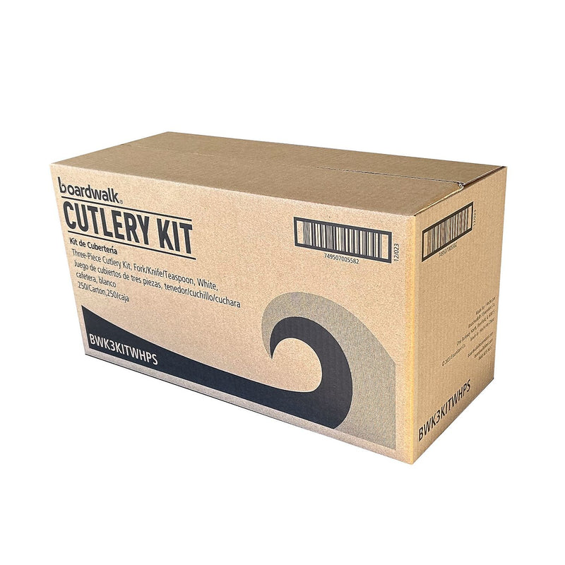 Boardwalk Individually Wrapped Plastic Cutlery Sets, Medium-Weight, White, 250 Pieces/Carton (BWK3KITWHPS)