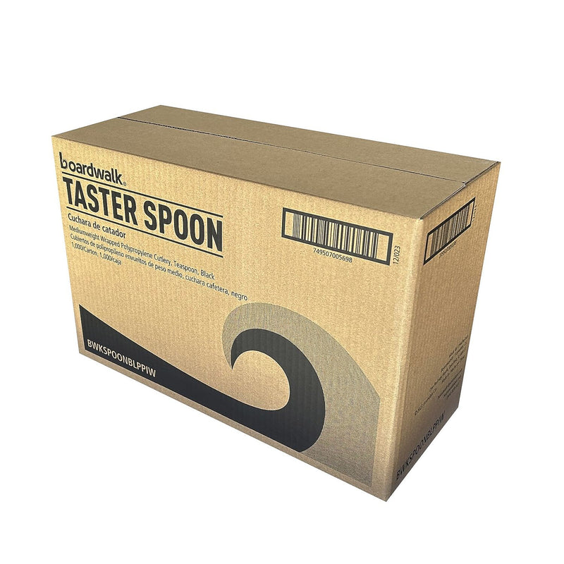 Boardwalk Individually Wrapped Plastic Tea Spoons, Medium-Weight, Black, 1000 Pieces/Carton (BWKSPOONBLPPIW)