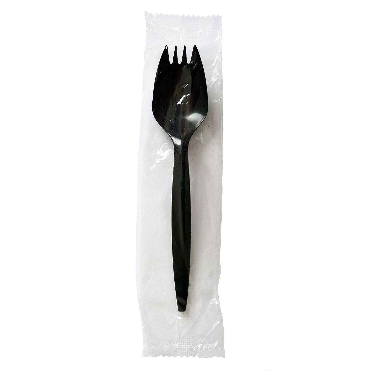 Boardwalk Individually Wrapped Plastic Sporks, Medium-Weight, Black, 1000 Pieces/Carton (BWKSPORKBLPPIW)