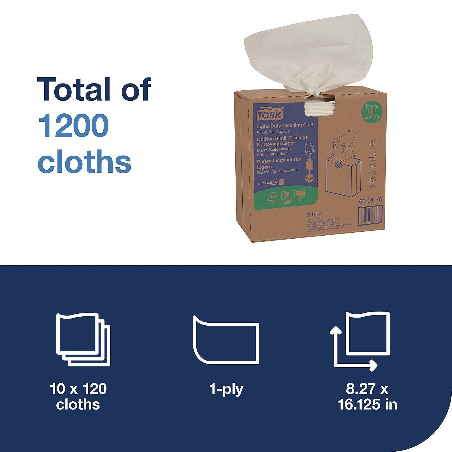 Tork Microfiber Cleaning Cloths, 16.1" x 8.3", White, 16.669 lbs., 120 Cloths/Pack, 10/Carton (500176)