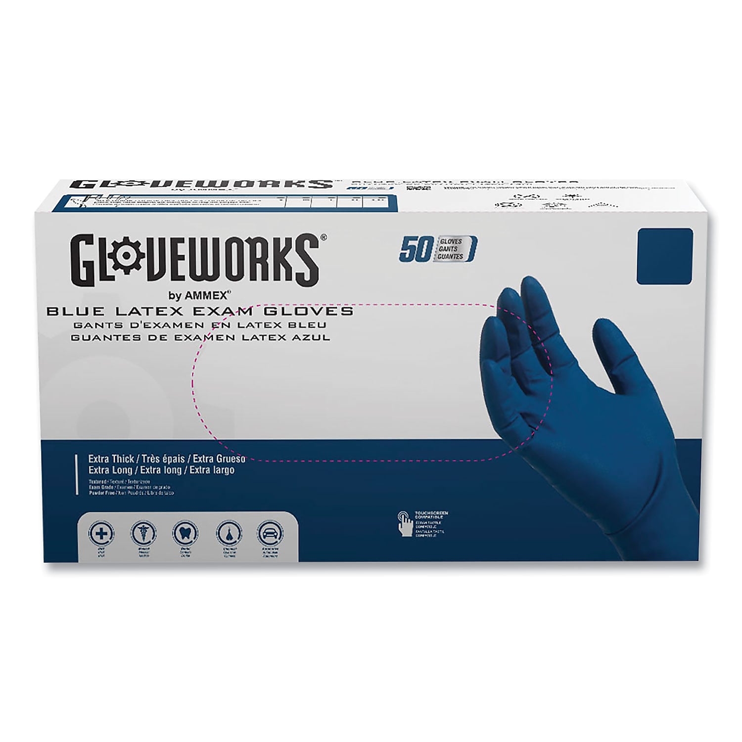 GloveWorks by AMMEX Powder Free Latex Exam Gloves, Medium, Blue, 500/Carton (GPLHD84100)