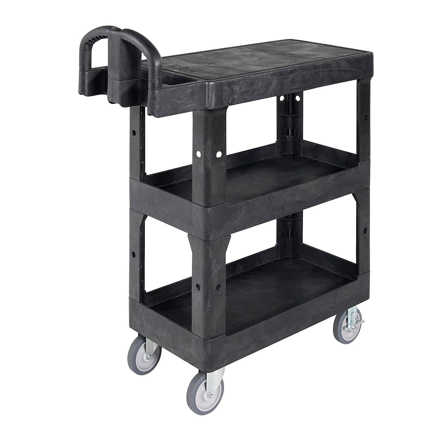 Rubbermaid Commercial BRUTE 3-Shelf Resin Mobile Heavy-Duty Ergo Flat Utility Cart with Swivel Wheels, Black (2203280)