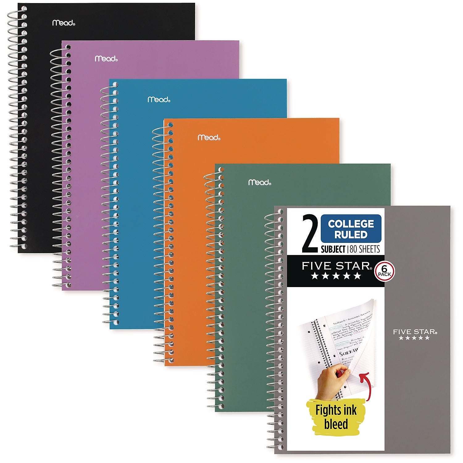 Five Star 2-Subject Notebooks, 9.5" x 6.52", College Ruled, 80 Sheets, Assorted Colors, 6/Pack (73711)