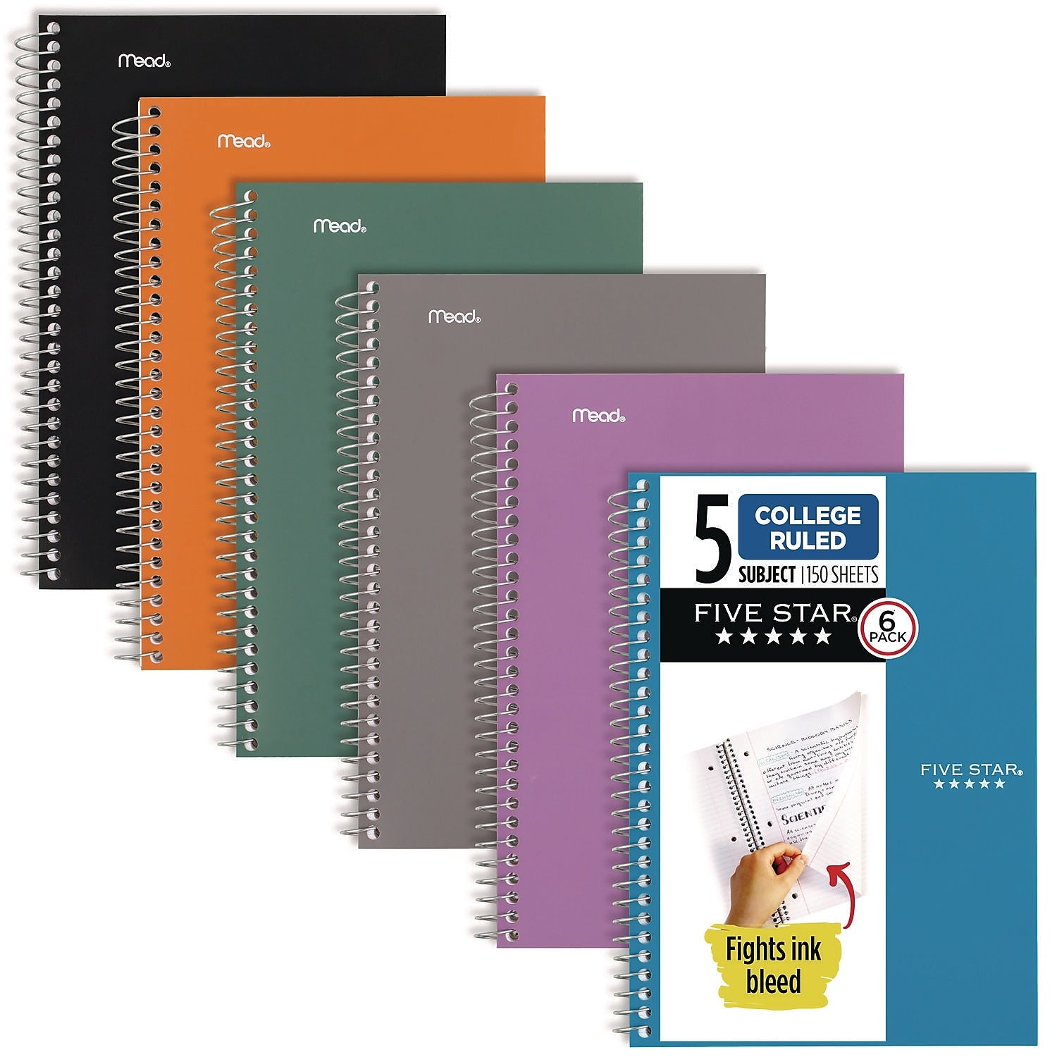 Five Star 5-Subject Subject Notebooks, 9.5" x 6.63", College Ruled, 150 Sheets, Assorted Colors, 6/Pack (73527)