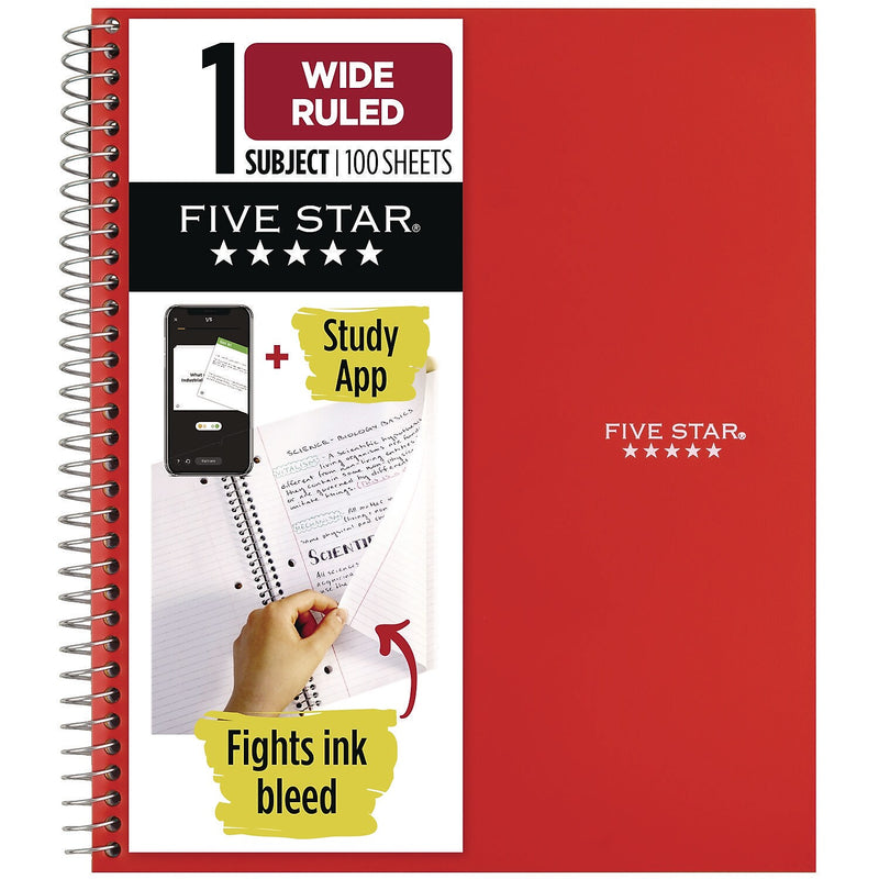 Five Star 1-Subject Notebooks, 10.5" x 9.18", Wide Ruled, 100 Sheets, Assorted Colors (05200)
