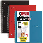 Five Star 3-Subject Notebooks, 10.5" x 8.63", Wide Ruled, 150 Sheets, Assorted Colors, 3/Pack (930081)