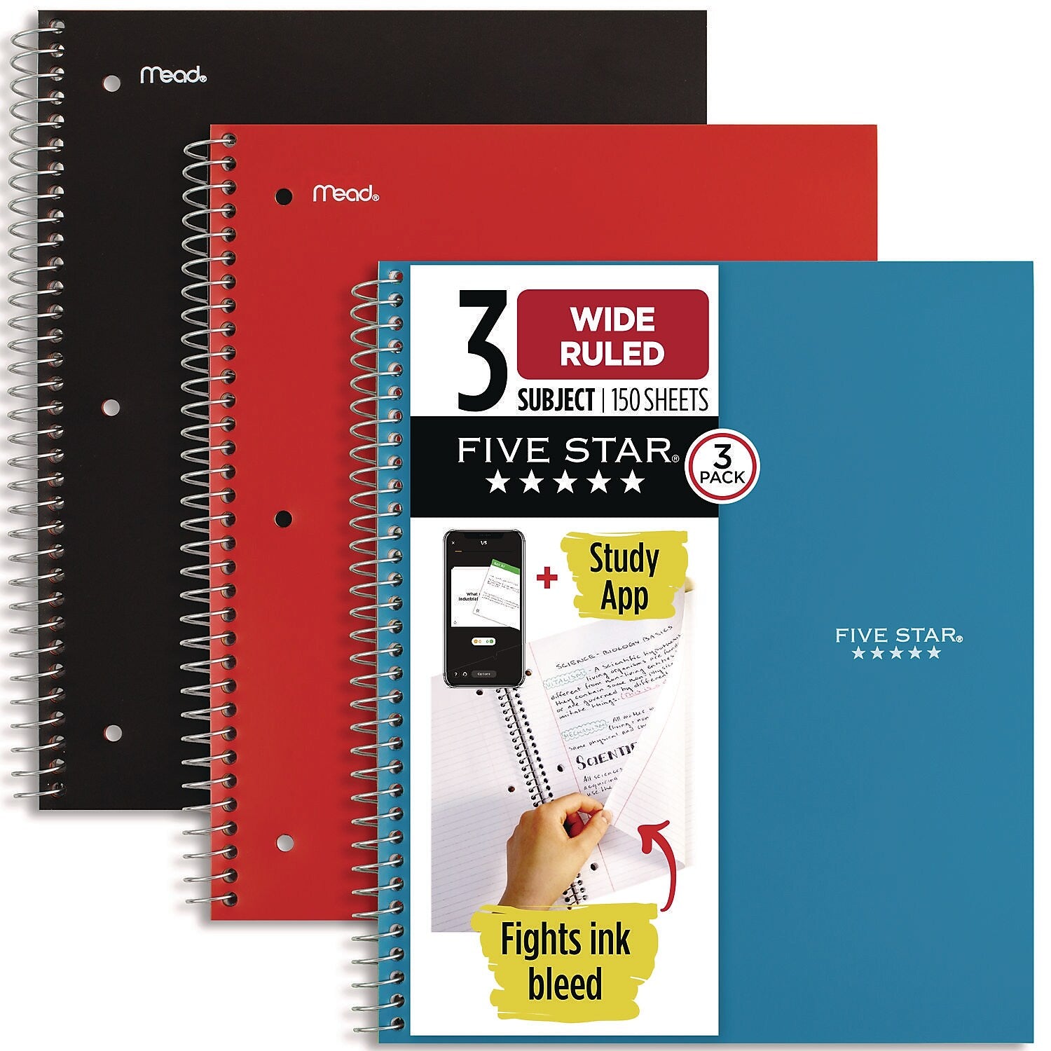 Five Star 3-Subject Notebooks, 10.5" x 8.63", Wide Ruled, 150 Sheets, Assorted Colors, 3/Pack (930081)