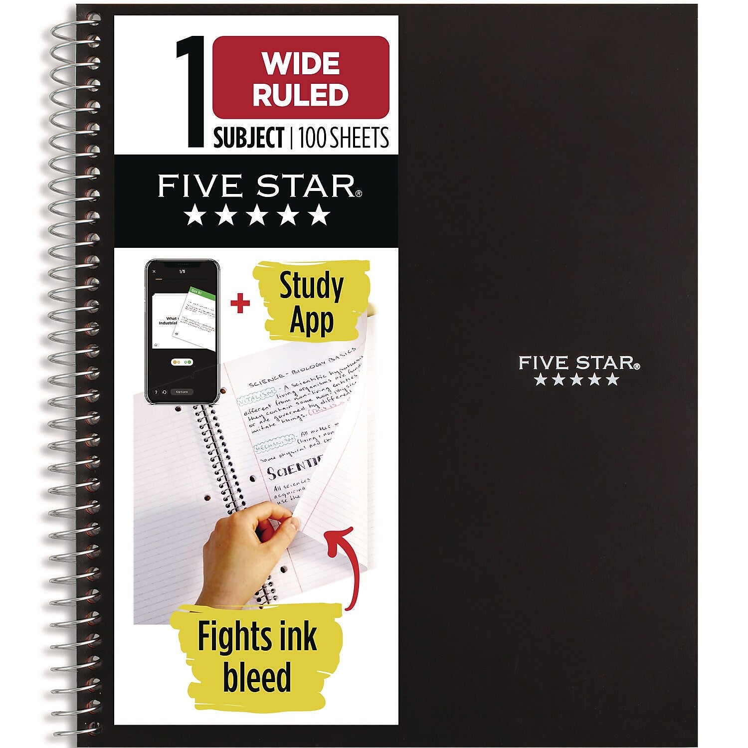 Five Star 1-Subject Notebooks, 10.5" x 8.63", Wide Ruled, 100 Sheets, Black (930010)