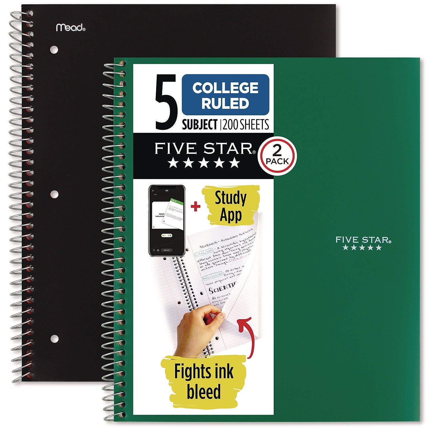 Five Star 5-Subject Subject Notebooks, 11" x 8.5", College Ruled, 200 Sheets, Assorted Colors, 2/Pack (MEA820190)