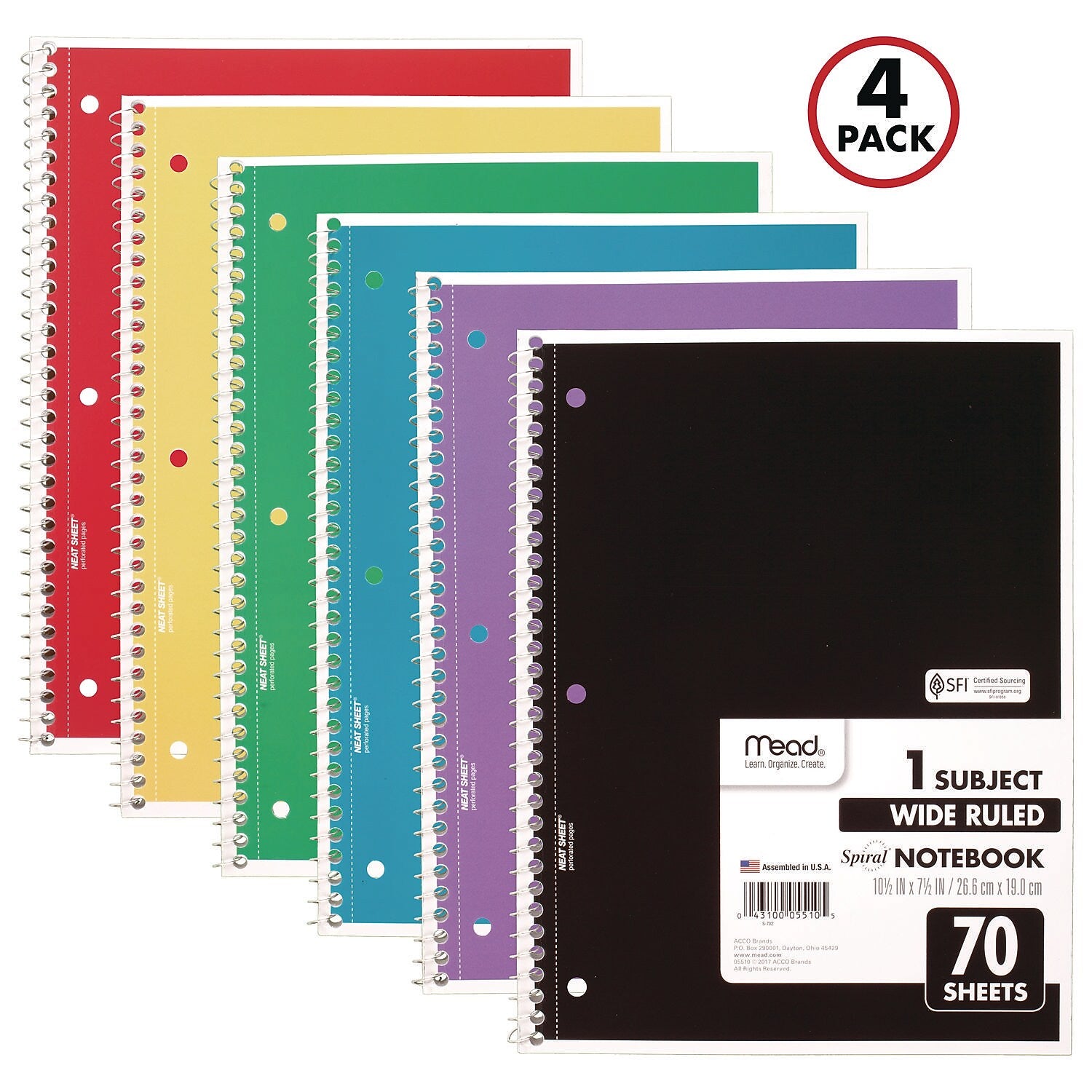 Mead 1-Subject Notebooks, 10.5" x 8", Wide Ruled, 70 Sheets, Assorted Colors, 4/Pack (72873)