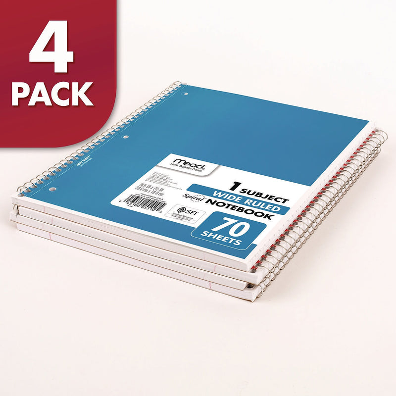 Mead 1-Subject Notebooks, 10.5" x 8", Wide Ruled, 70 Sheets, Assorted Colors, 4/Pack (72873)