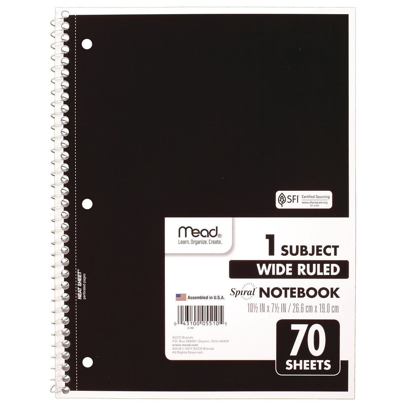 Mead 1-Subject Notebooks, 10.5" x 8", Wide Ruled, 70 Sheets, Assorted Colors, 4/Pack (72873)