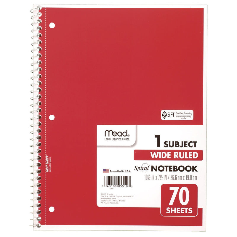 Mead 1-Subject Notebooks, 10.5" x 8", Wide Ruled, 70 Sheets, Assorted Colors, 4/Pack (72873)