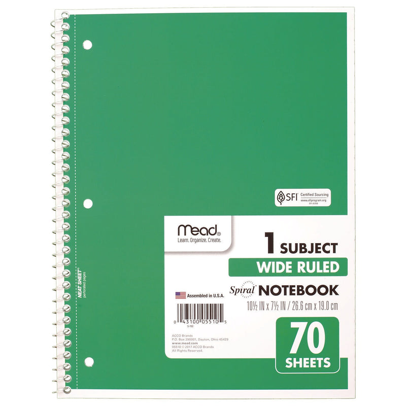 Mead 1-Subject Notebooks, 10.5" x 8", Wide Ruled, 70 Sheets, Assorted Colors, 4/Pack (72873)